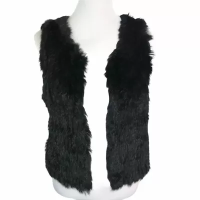 525 America LUXE Black Dyed Rabbit Fur Open Front Waist Length Vest Womens M • $41.94