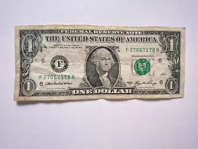 One Dollar Bill Serial Number F 27067178 R $1 Note US Real Money 2006 ACCEPTABLE • $4.99