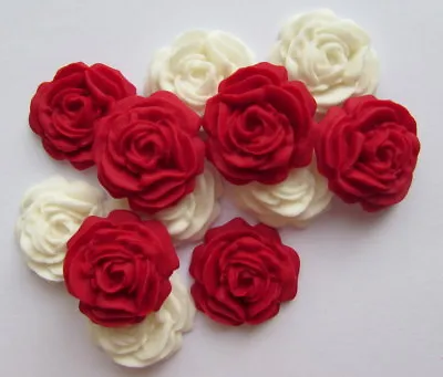 £4.95 • Buy 12 RED & IVORY ROSES Edible Sugar Paste Flowers,cake Cupcake, Wedding, Birthday,