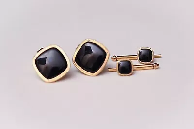 Swank Black Onyx Gold Cufflinks & Tuxedo Studs Vintage 10kt 1/40 • $15