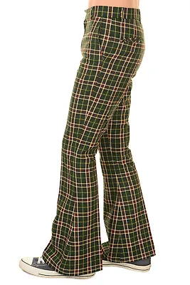 £29.99 • Buy Men's Run & Fly 60's 70's Vintage Retro Green Tartan Plaid Bell Bottom Trousers