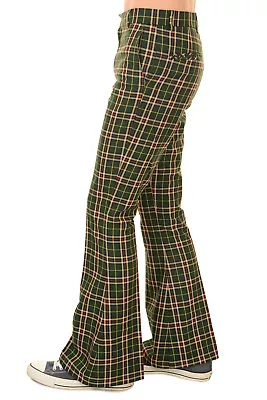 Men's Run & Fly 60's 70's Vintage Retro Green Tartan Plaid Bell Bottom Trousers • £29.99