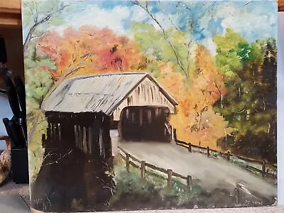 1960s Vintage Orig OIL ART PAINTING Signed WALLEY Spring Twp Pa COVERED BRIDGE • $89.95