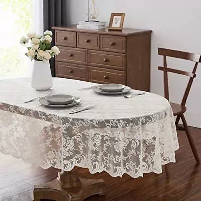 Ivory Oval Tablecloth For Rustic Vintage Decor. Sheer Lace Tablecloth Works G... • $28.75