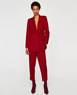 ZARA Cranberry Red Flowy Double Breasted Long Blazer Sz M • $39.99