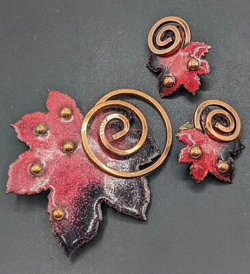 Vtg MATISSE Signed Copper Red Enamel Leaf Jewelry Set Clip Earrings Pin Brooch * • $29.98