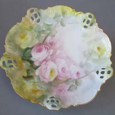 Antique Hand Painted Pierced Porcelain Cabinet Plate PINK ROSES Signed ROSENTHAL • $24.99