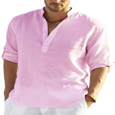 Mens Cotton Linen Summer Solid Beach Shirts Casual Loose Short Sleeve Blouse Top • £10.99