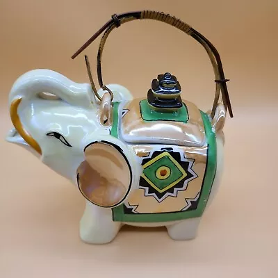 Elephant Teapot With Lid Ceramic Bamboo Handle Japan Trunk Up 6  Tall Vintage • $19.97