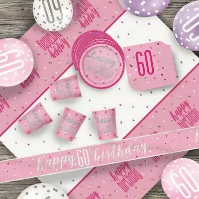 Glitz Pink 60th Birthday Party Tableware Decoration Plates Banners Candle Age 60 • £2.95