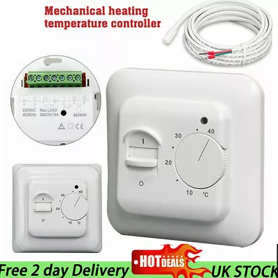 White 16A Electric UnderFloor Heating Thermostat Control Switch + Floor Sensor • £6.85