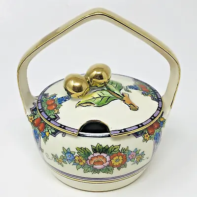 Noritake Jam Jelly Jar Gold Purple Floral Basket Handle Japan Vintage Antique • $24.02