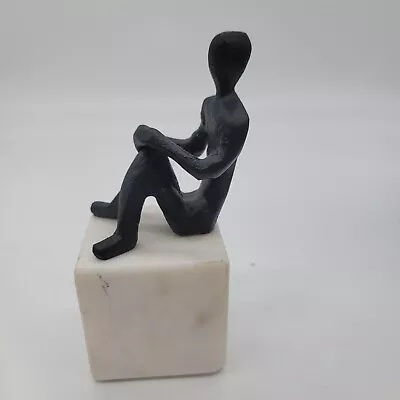 Sitting Metal Pose Statuette Sitting On White Marble Block 7  Tall Modern Heavy • $29