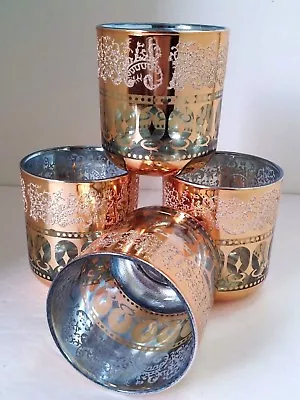 Vintage Set Ornate Gold Lowball Cocktail Glasses MCM 4 Drink Rocks Glass Barware • $28