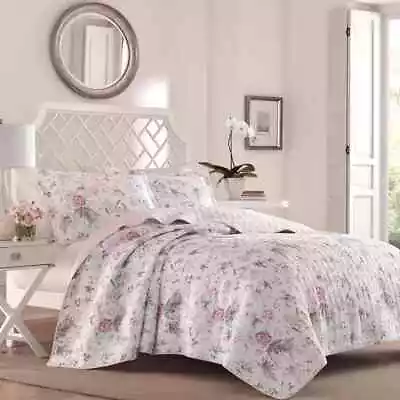 Laura Ashley Quilt Set 3-Pcs Soft Cotton King Floral Pink/Gray Polka Dot Reverse • $88.70