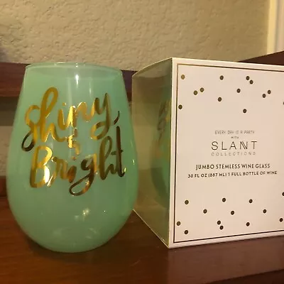 Shiny Bright Jumbo 30-Oz Stemless WINE GLASS Green W/Glittered Letters NiB • $3.99