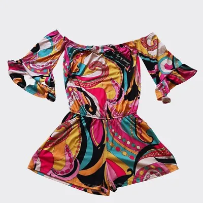 New Vava By Joy Han Women's Pink Blue Abstract Off The Shoulder Romper Size S • $12.95