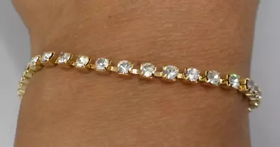Vintage Tennis Bracelet Clear Glass Prong Set Rhinestones Gold Tone 7 And 1/8  • $9.99