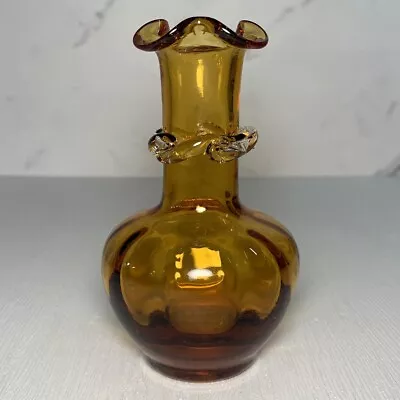 Vintage Pilgrim Glass Amber Optic Ruffled Bud Vase W/ Applied Collar 4.75  • $10.50