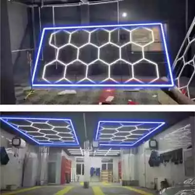 14 HEX Hexagon LED Lighting Car Detail Garage Workshop Wall Lights W/Blue Border • £259.99