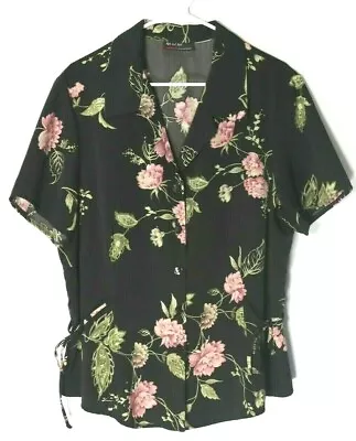 M.H.M. Melissa Harper Womens Short Sleeve Black Button Up Floral Blouse Large • $16.93