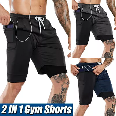 Men's 2 In 1 Compression Gym Workout Training Liner Phone Pocket Shorts Pants • $18.99