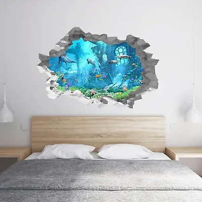 Wall Sticker Dolphins Underwater World 3D Hole In The Wall B Effect Decal Mural • £20.99