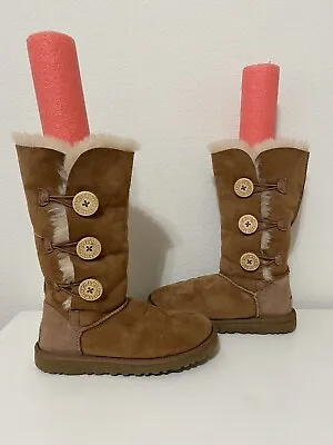 UGG Bailey Button Triplet Sheepskin Mid Calf Boots Chestnut Women's Size 6 • $74.99