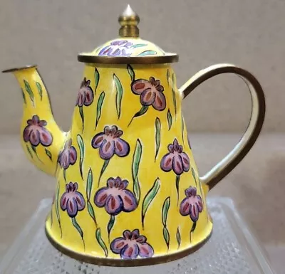 Vintage Enameled Copper Mini Teapot  Yellow With Purple Flowers • $35