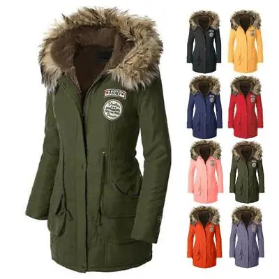 Women's Warm Long Coat Outwear Slim Winter Parka Fur Collar Hooded Jacket • £32.77