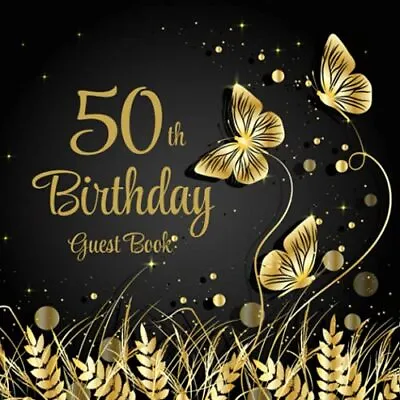 50th Birthday Guest Book Gold Butterflies On Black Design | 50th Party Guest ... • £10.92