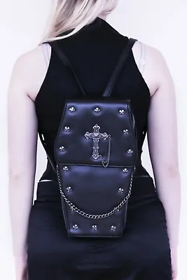 £44.99 • Buy GOTHX BLACK COFFIN METAL CROSS Steam Punk Rock Goth Backpack Vegan Handbag Bag