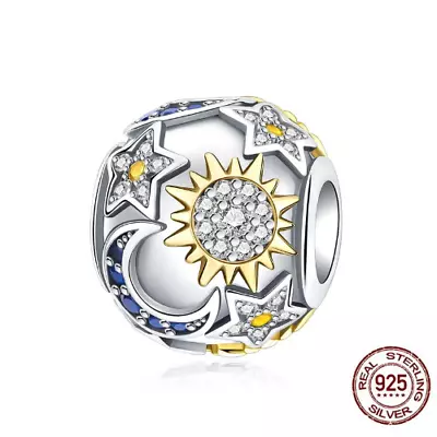 NEW Authentic 100% 925 Sterling Silver Moon Sun Stars Charm - With Birthstone CZ • $18