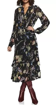 Reiss Black Sadie Romantic Floral Print Midi Dress Size 12 Ruffles RRP 245 • $93.25