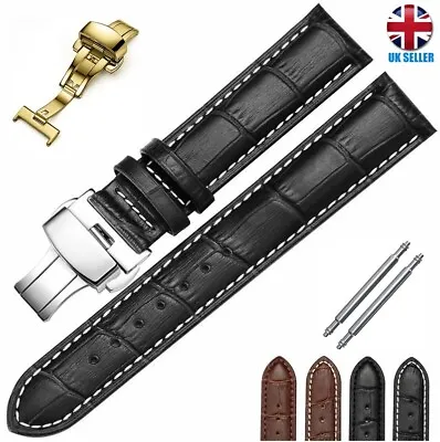 £6.99 • Buy Black Brown Gold Silver Butterfly Deployment Leather Watch Strap16 18-20-22-24mm