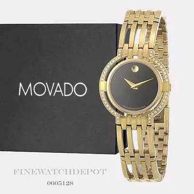 Authentic Movado Women's Esperanza Diamond Gold Black Dial Swiss Watch 0605128 • $2795