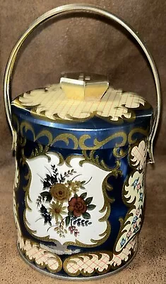 Vintage Murray-Allen Confections Kashmir Tin Canister W/Lid Handle Blue & Gold • $21.41