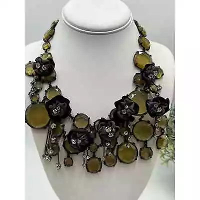 J. Crew Vintage Faceted Topaz Color Rhinestones Fabric Flowers Dangles Necklace • $160