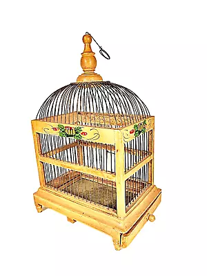 Vintage Bird Cage Hand Painted Flowers Wood Wire 18”Tall  12 X8  Shabby Chic EX • $65