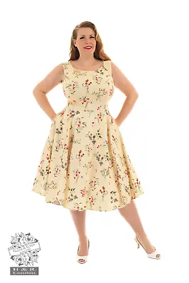 Bridget Swing Dress Hearts And Roses London H&R 18-26 Yellow Floral Vintage 50s • $50.51