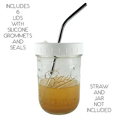 6 Drinking Straw Mason Jar Lids | Wide Mouth Plastic Ball Kerr W/ Silicone Seals • $18.95
