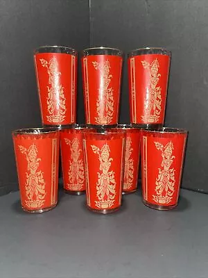 Siam Thai Goddess Dancer Mid-Century Modern MCM Red & Gold Tumblers 5” Set Of 8 • $20