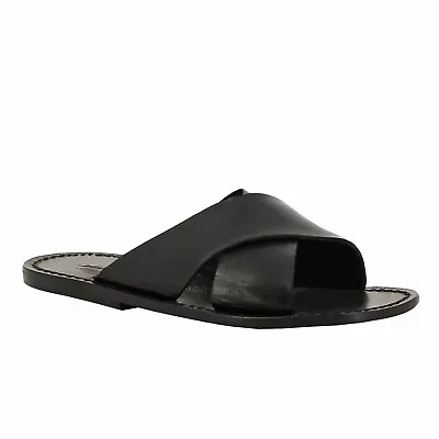 Italian Shoes Handmade Men's Flip Flops Slide Slippers In Black Genuine Leather • £102