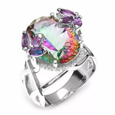 925 Sterling Silver Rainbow Fire Mystical Topaz + Amethyst Fashion Ring Size 10 • $15.74