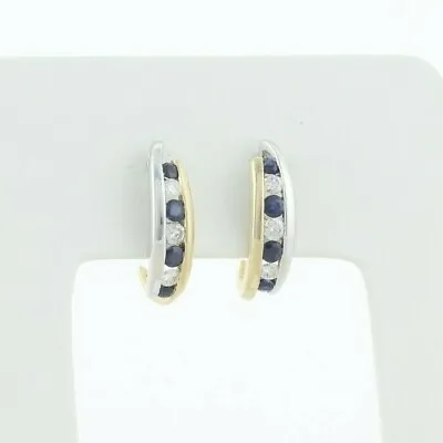 $1065.62 • Buy 14k Yellow And White Gold Natural Blue Sapphire And Diamond J Hoop Earrings