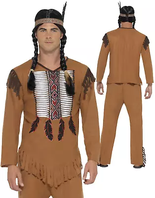 Mens Native American Warrior Red Indian Costume Adult Fancy Dress Cowboy M-XL • £22.99