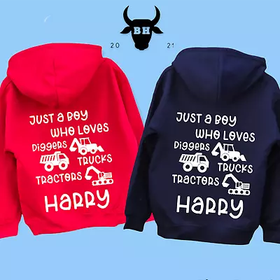 Boys Personalised Tractors Trucks Diggers Hoodie Jumper Farm • £24.99