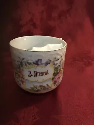 Antique German Porcelain Moustache Cup “A Present” Floral Decoration • $14.99