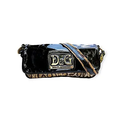 Dolce & Gabbana Vintage Patent Leather Shoulder Bag Black Leopard Print Dust Bag • $299.99
