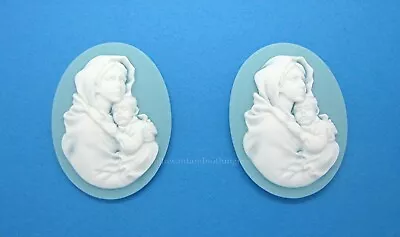2 WHITE On BABY BLUE Mother Holding Baby BOY 40mm X 30mm Costume Jewelry CAMEOS • $2.29